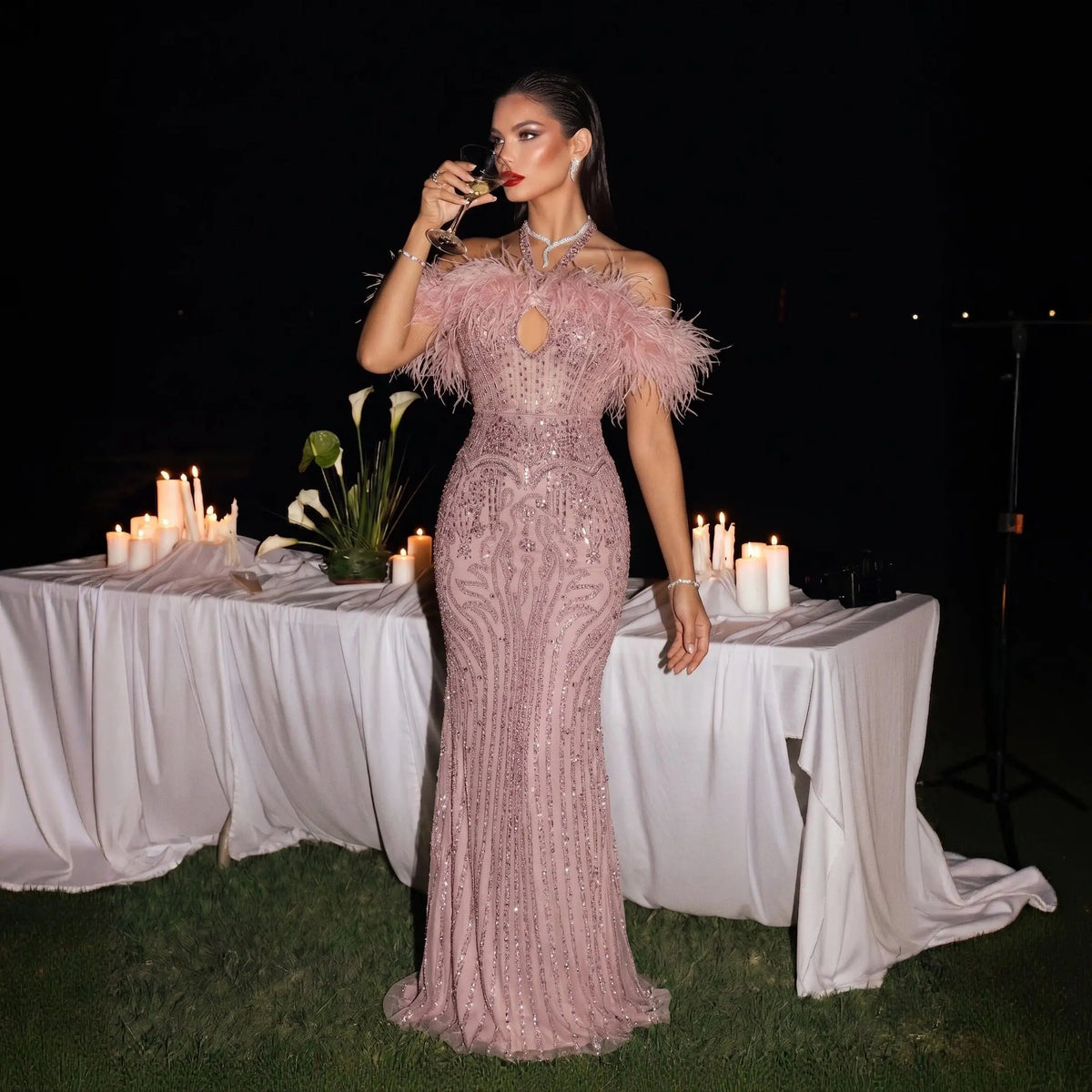 Glamorous Dusty Pink Feather Trim Halter Beaded Evening Dress SS124