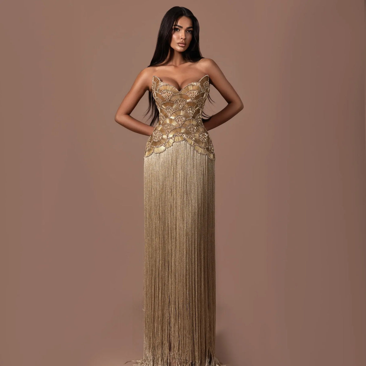 Metallic Gold Beaded Pleated Evening Dress SS336-3