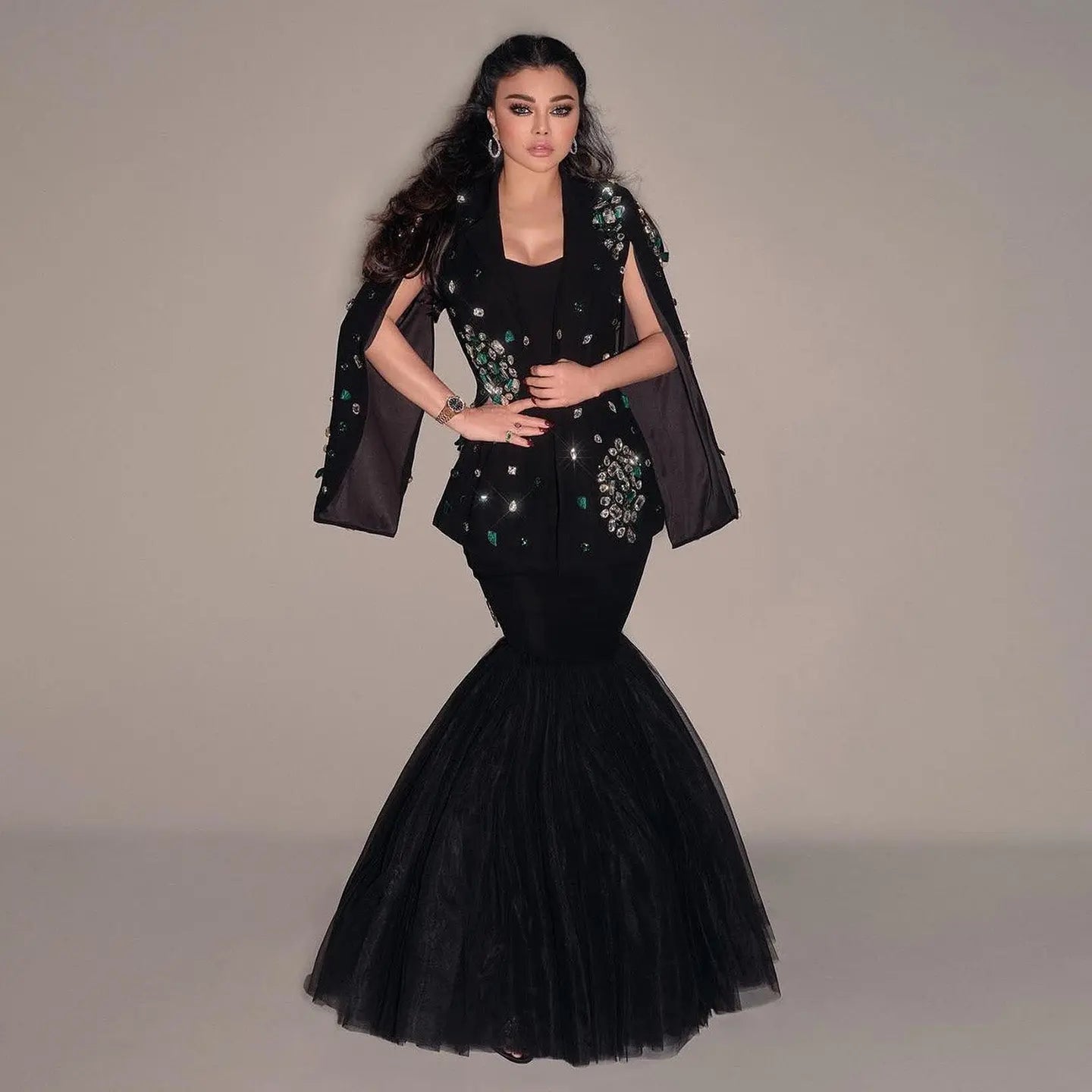 Final Sale Elegant Black Rhinestone Evening Dress with Jacket SS561
