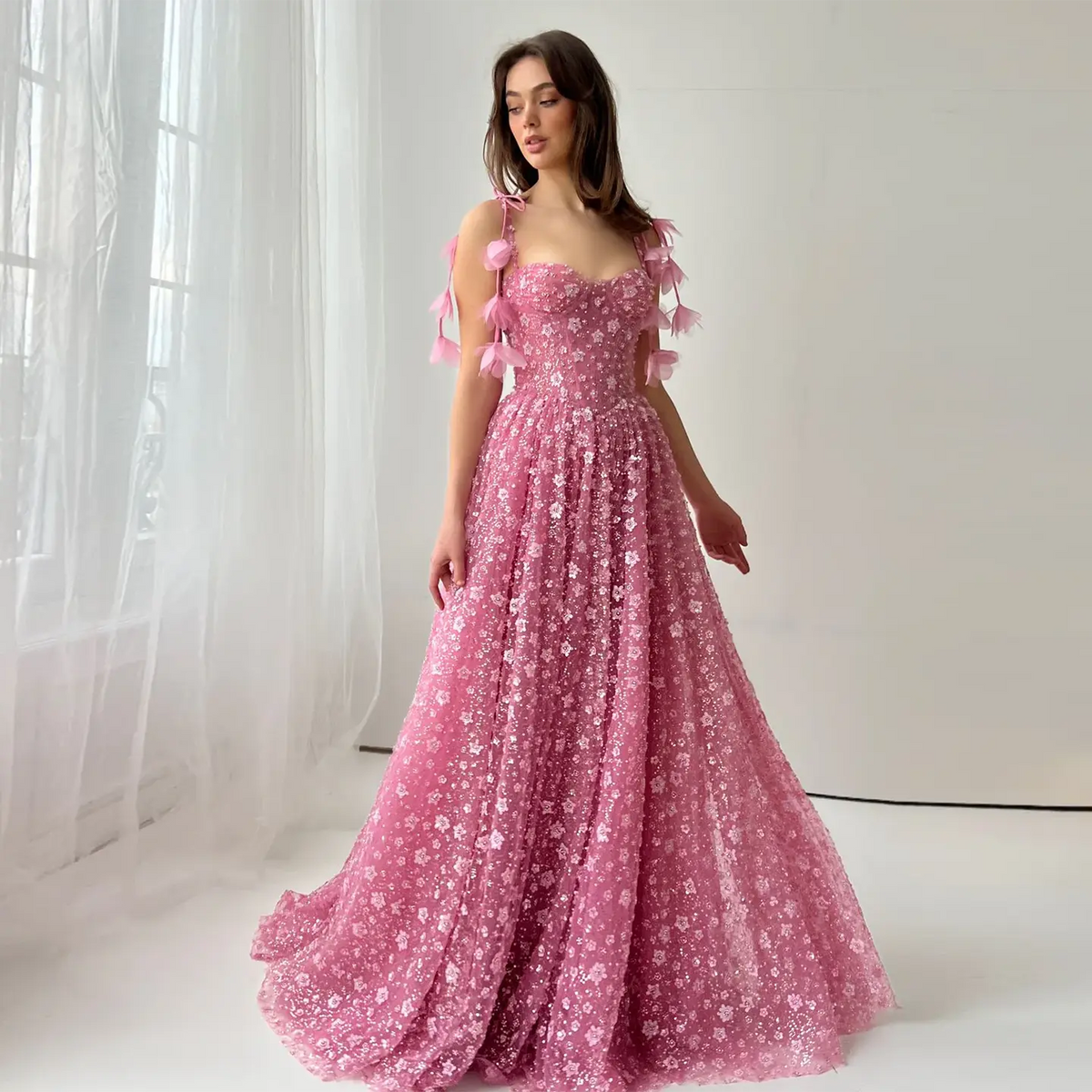 Delicate Pink 3D Floral Spaghetti Evening Dress SS701 Delicate Pink 3D Floral Spaghetti Evening Dress SS701