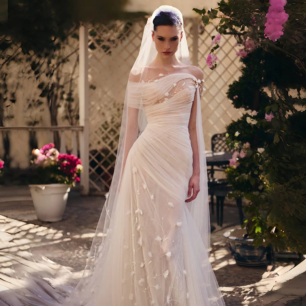 Elegant Off-the-Shoulder Ruched 3D Floral Wedding Dress with Veil SW233