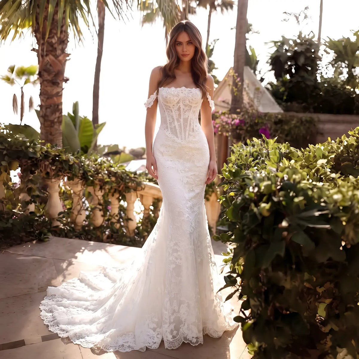 White Off Shoulder Mermaid Wedding Dress SW758-1