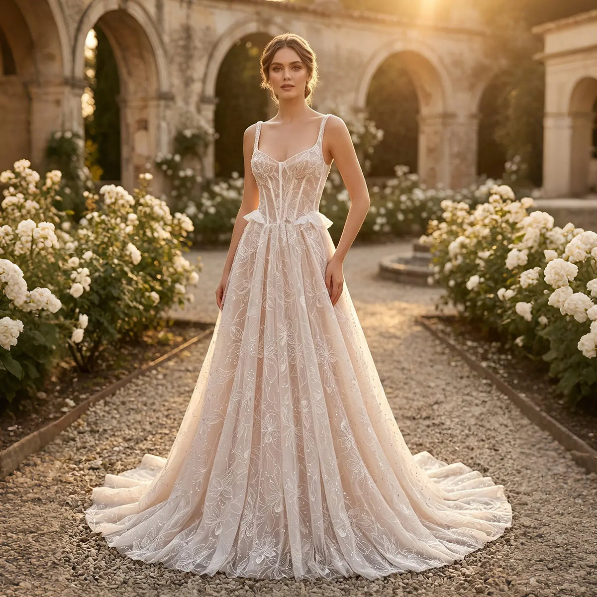 Luxury Square Neck Corset Lace Tulle A-Line Wedding Dress with Train SW706