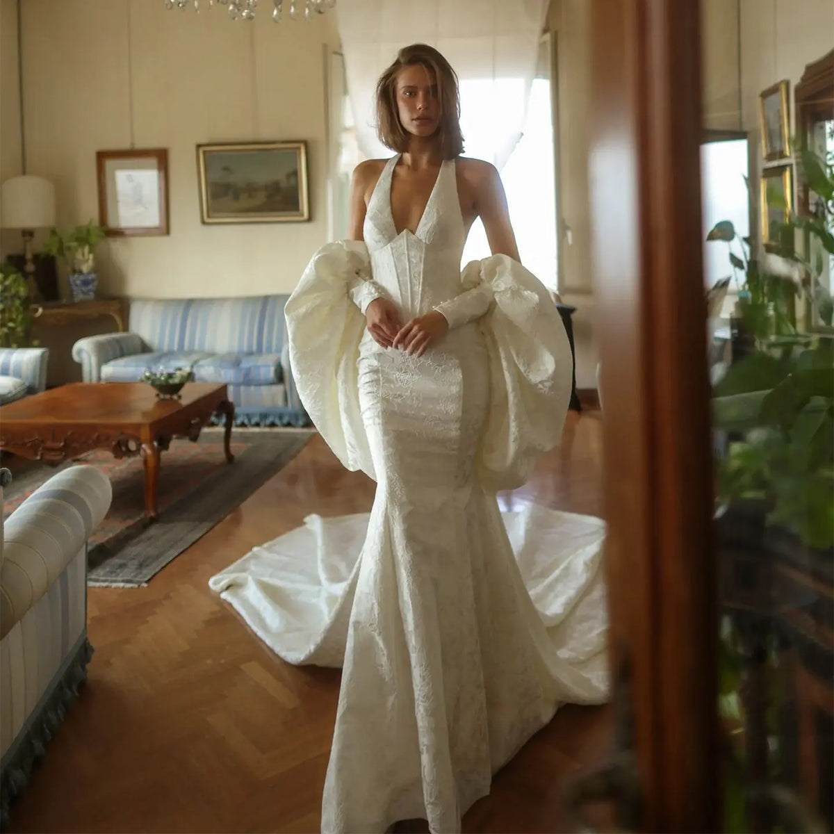 Elegant Halter Neck Puff Sleeve Mermaid Wedding Dress with Train SW188 Elegant Halter Neck Puff Sleeve Mermaid Wedding Dress with Train SW188