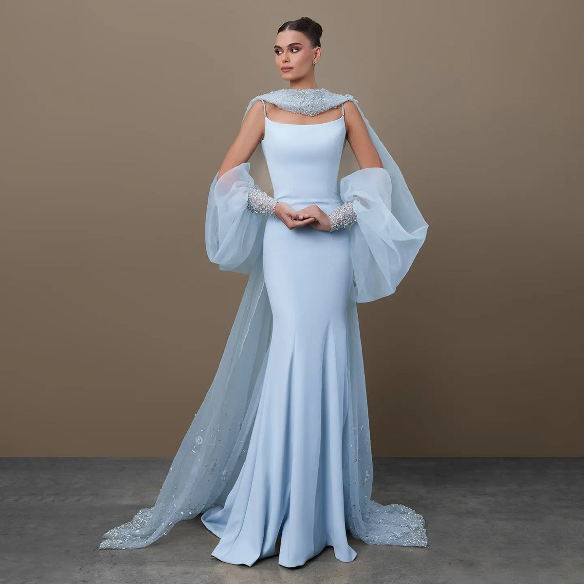Elegant Light Blue Crystal Evening Dress with Puff Sleeves and Cape SS261