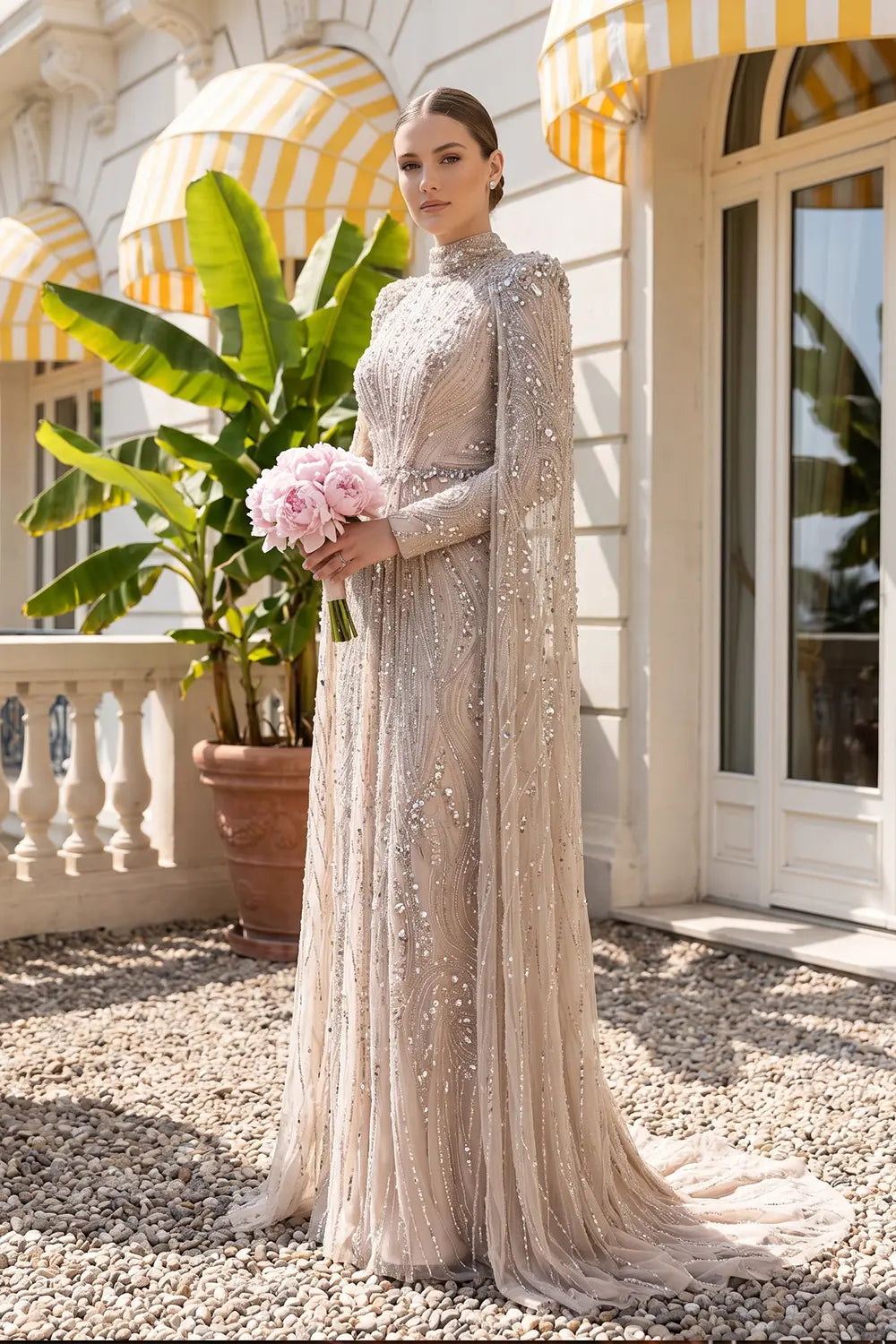 Champagne High Neck Long Sleeve Evening Dress SS366