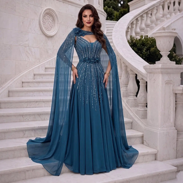 Elegant Blue Handmade Flower Beaded Off Shoulder Wedding Guest Evening Dress SS052
