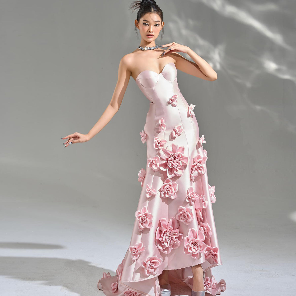 Elegant Pink 3D Flowers Strapless Evening Dress SF025