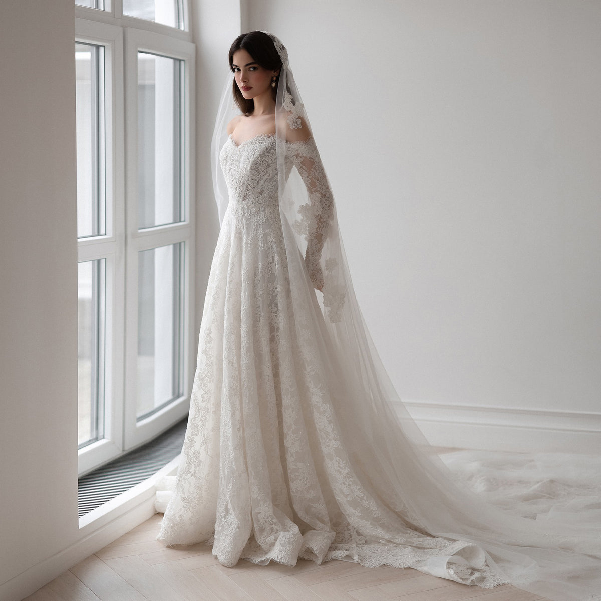 Elegant Printed Off Shoulder Wedding Dress with Veil SW538 