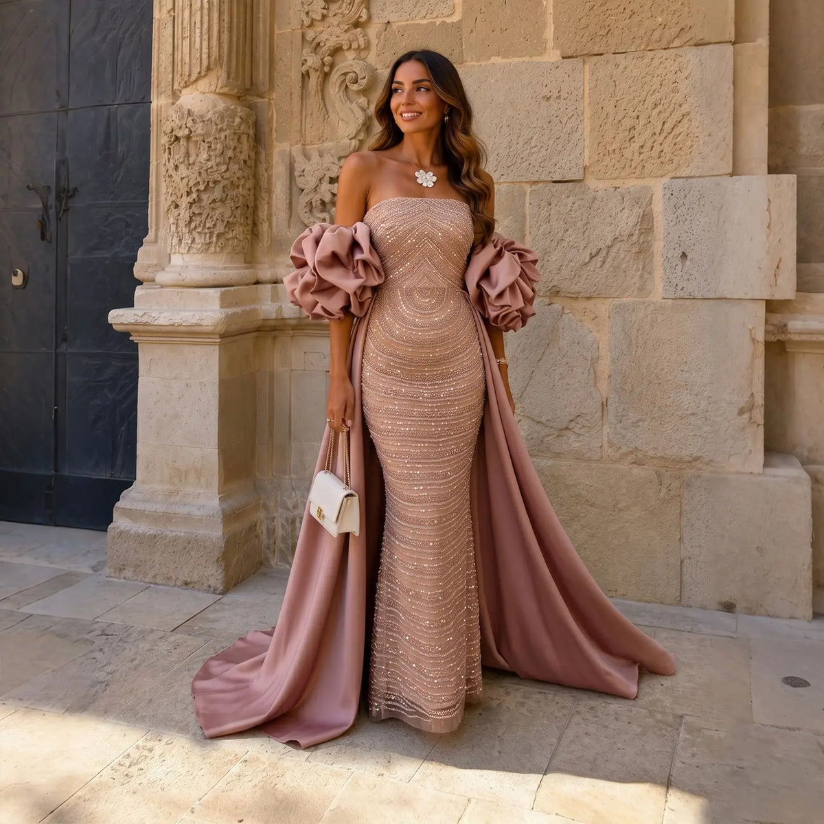 Luxury Beaded Dusty Pink Strapless Evening Dress with Cape SS492