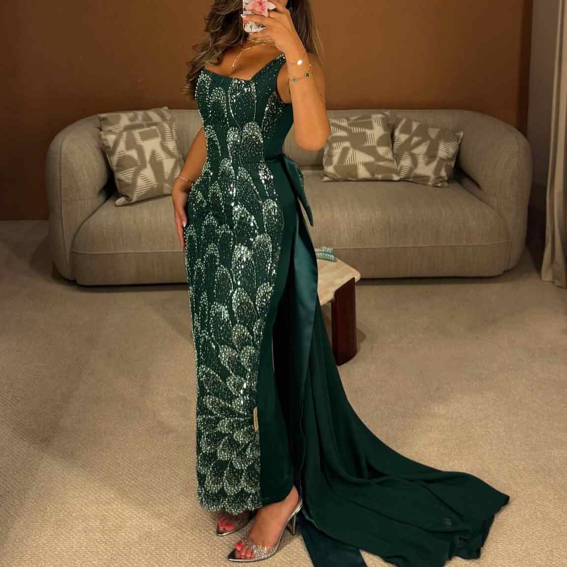 Luxury Emerald Green Sequin Train Evening Dress with Bow Overskirt SS648 