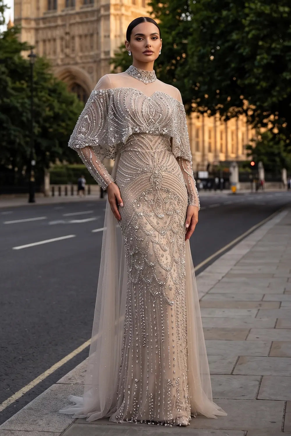 Luxury Champagne Beaded Crystal Evening Dress with Cape SS557 