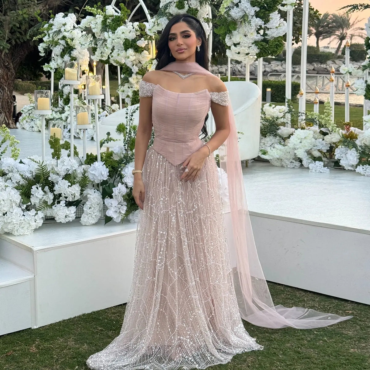 Romantic Beaded Pink Off Shoulder Evening Dress with Scarf SS766 - SHARONSAID Romantic Beaded Pink Off Shoulder Evening Dress with Scarf SS766 - SHARONSAID
