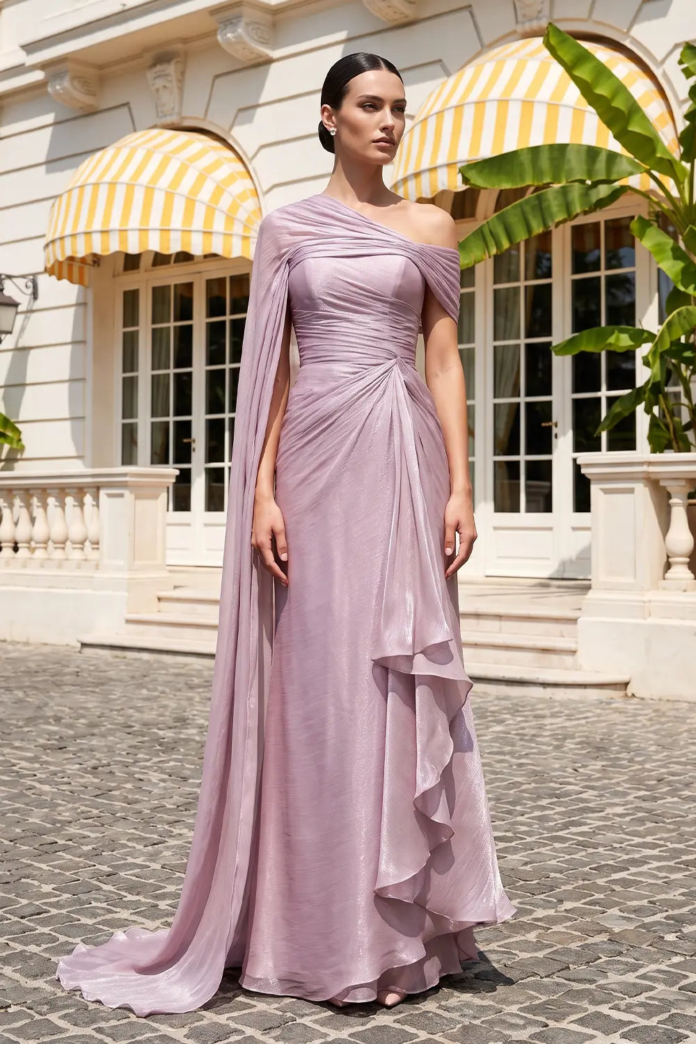 Dusty Pink One-Shoulder Cape Evening Dress SF199