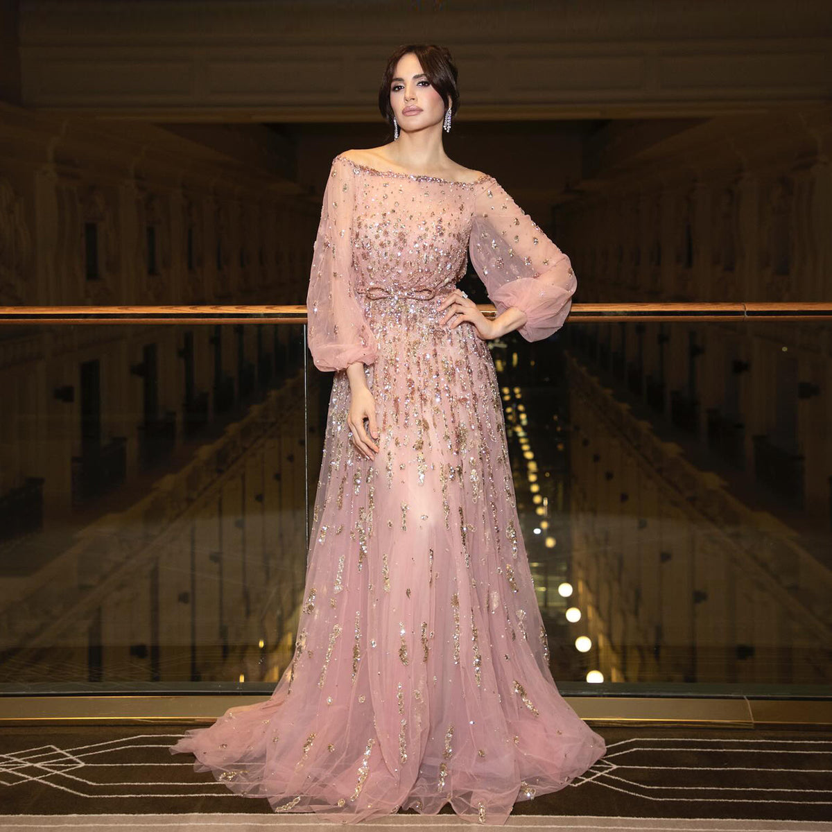 Elegant Beaded Sequin Pink Long Sleeve Evening Dress with Bow SS230 