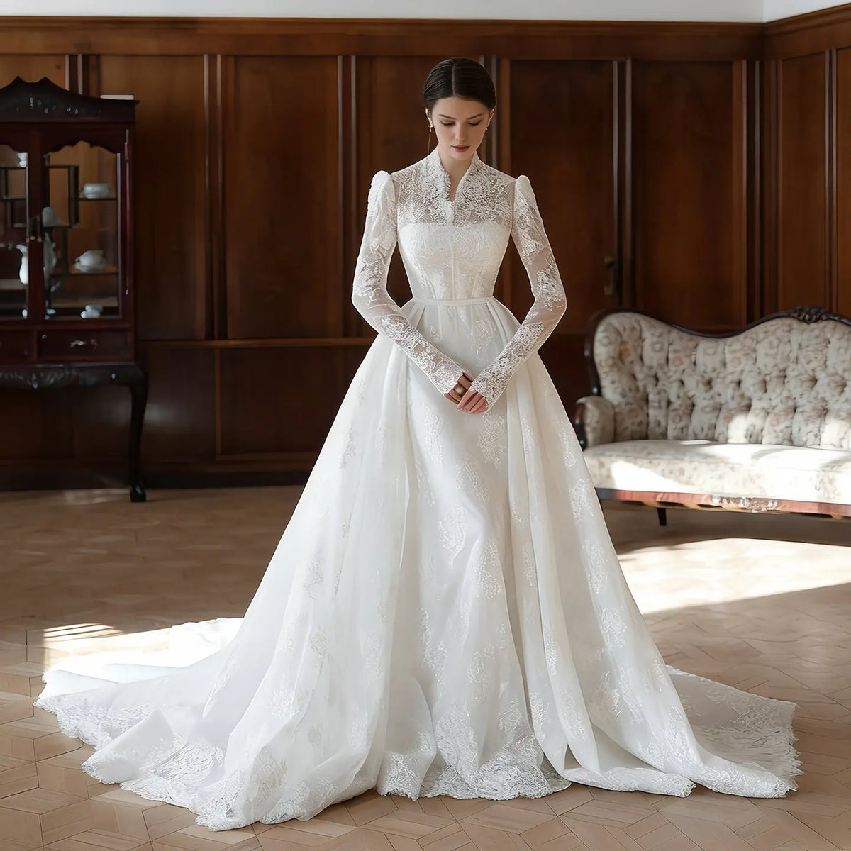 Elegant Lace High Neck Long Sleeve A-Line Wedding Dress SW279 