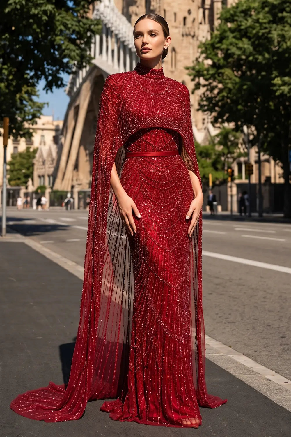 Luxury Long Sleeves Nude Evening Dress with Cape SS369A