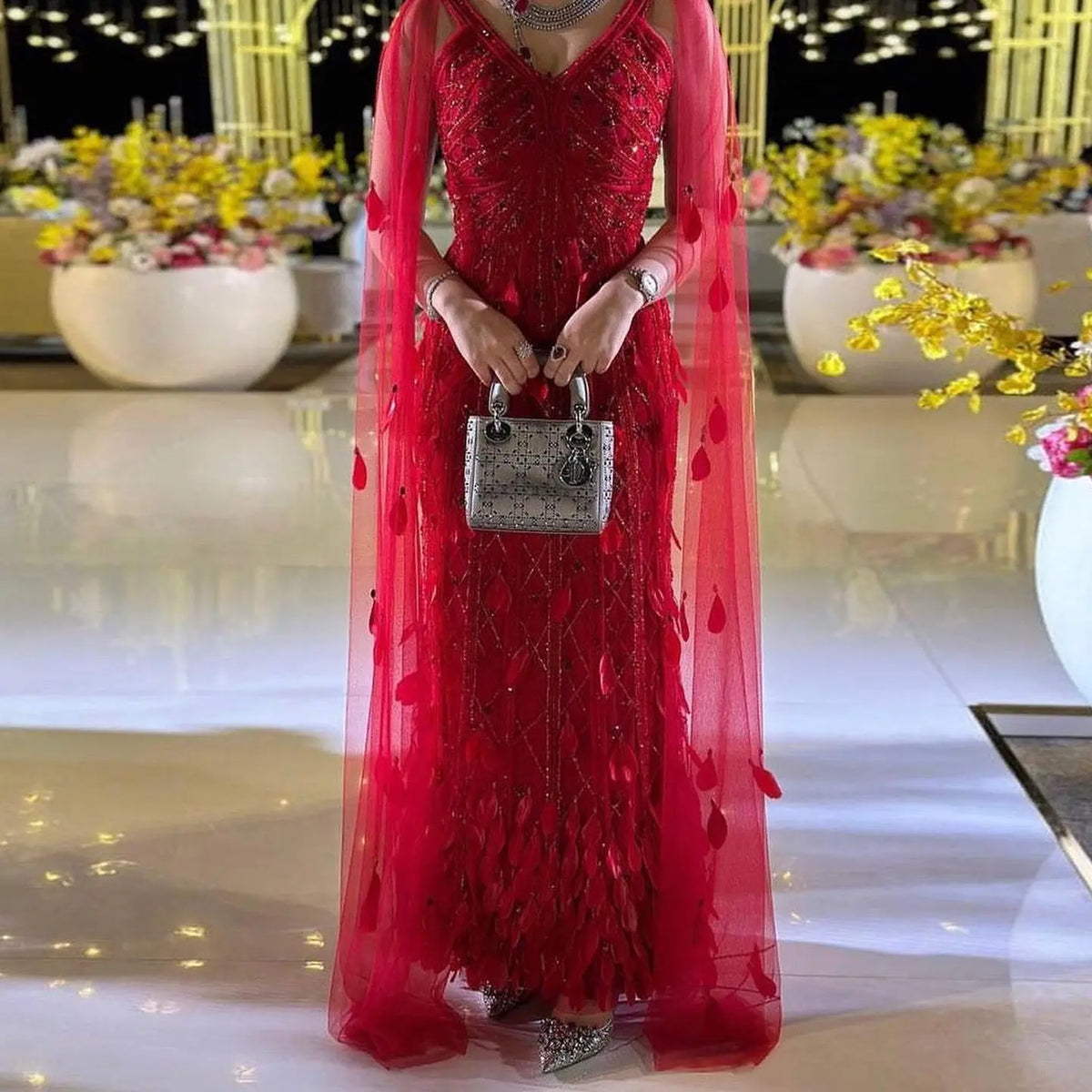 Luxury Wine Red Beaded Feathers Evening Dress with Cape Sleeves SS283 
