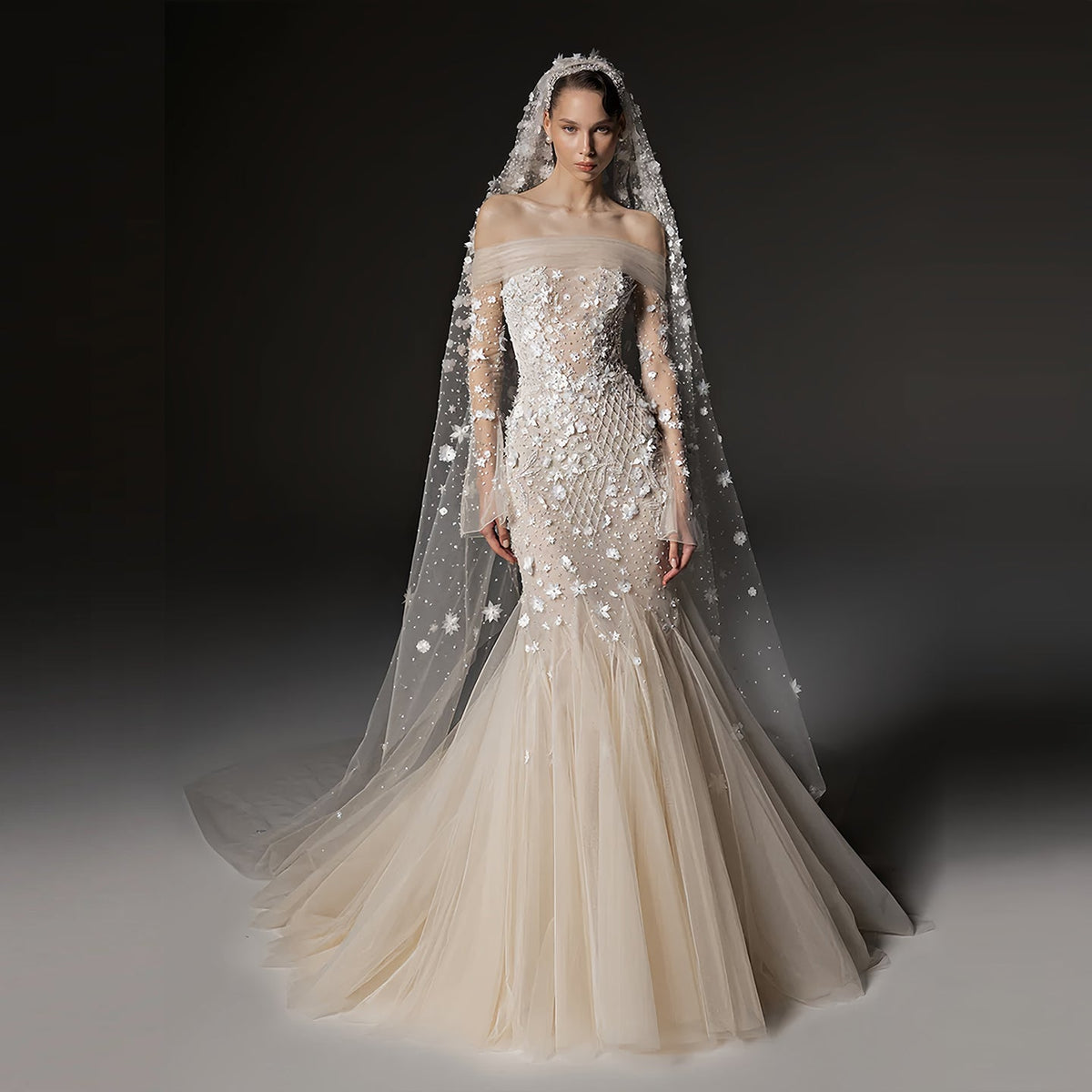 Glamorous Off-the-Shoulder Beaded Floral Mermaid Wedding Dress with Veil SW670