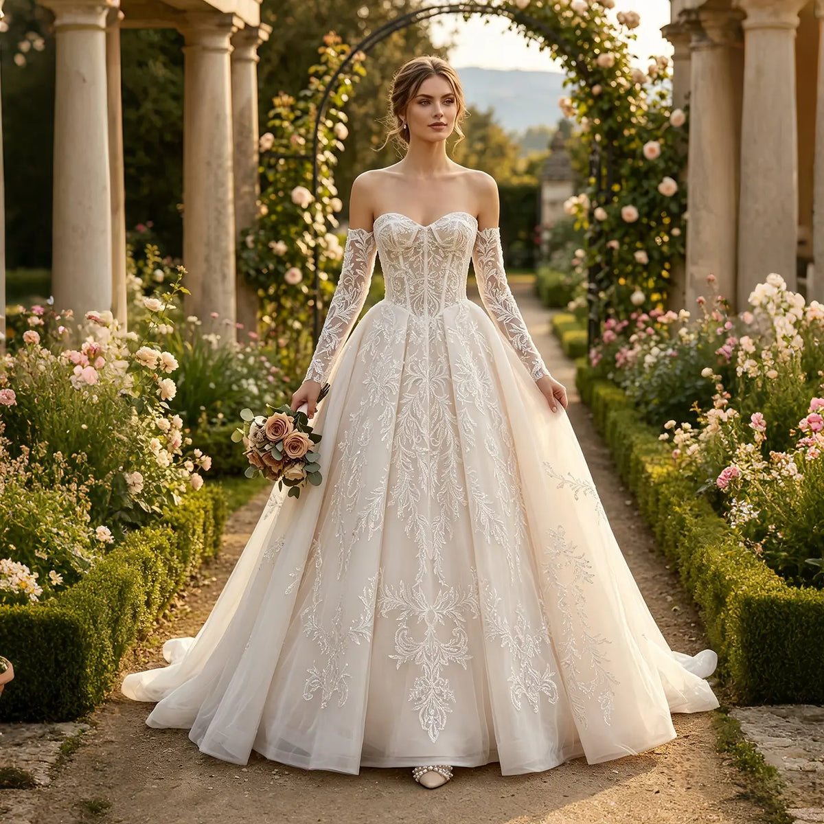 Elegant Strapless Corset Lace Tulle Bridal Gown with Long Detachable Sleeves SW703