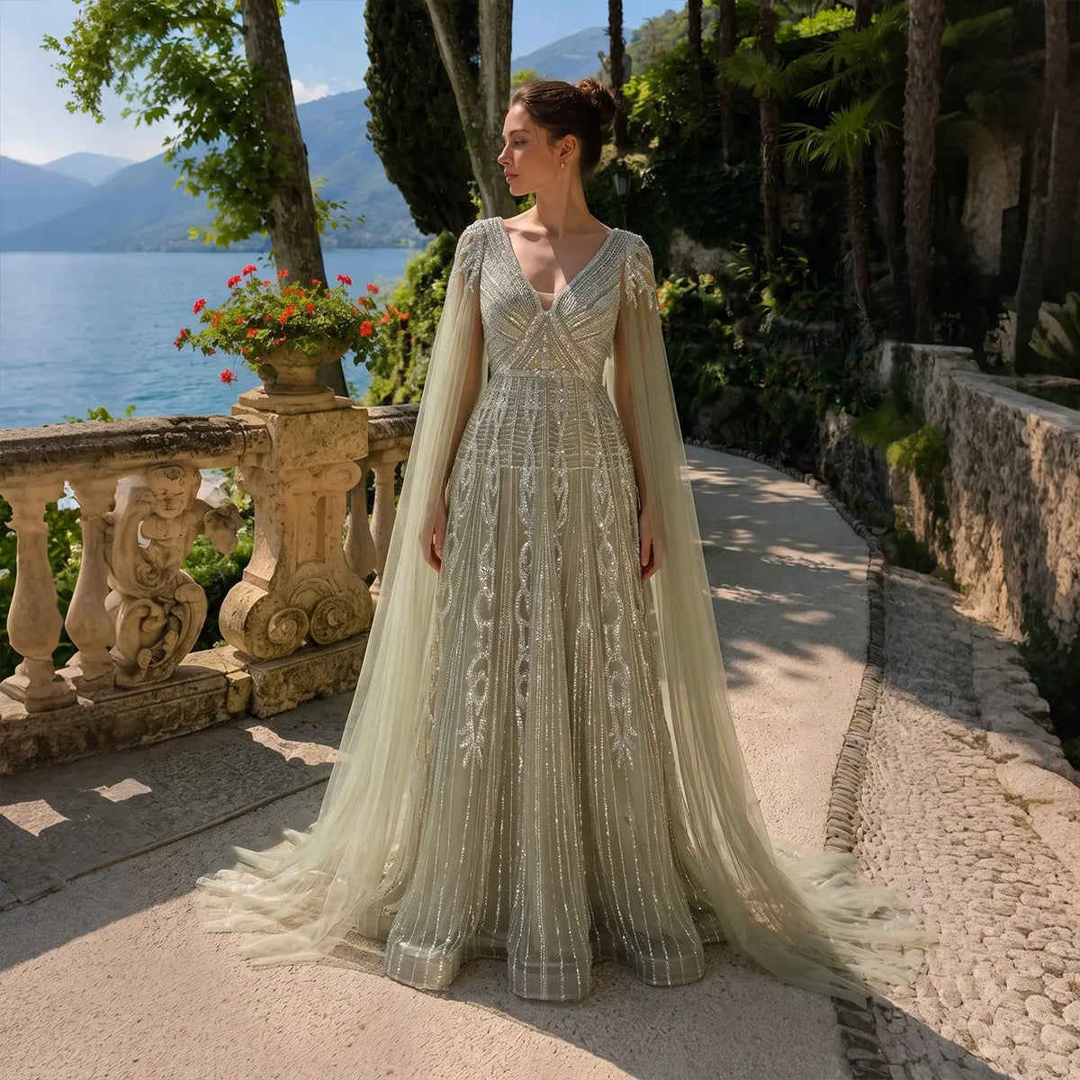 Beaded V Neck Cape Sleeve Evening Dress SS073