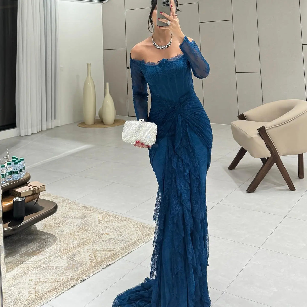 Elegant Blue Off Shoulder Lace Evening Dress SF519 Elegant Blue Off Shoulder Lace Evening Dress SF519