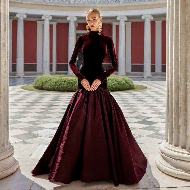 Luxury Burgundy Ruffles Ball Gown Evening Dress SF441 