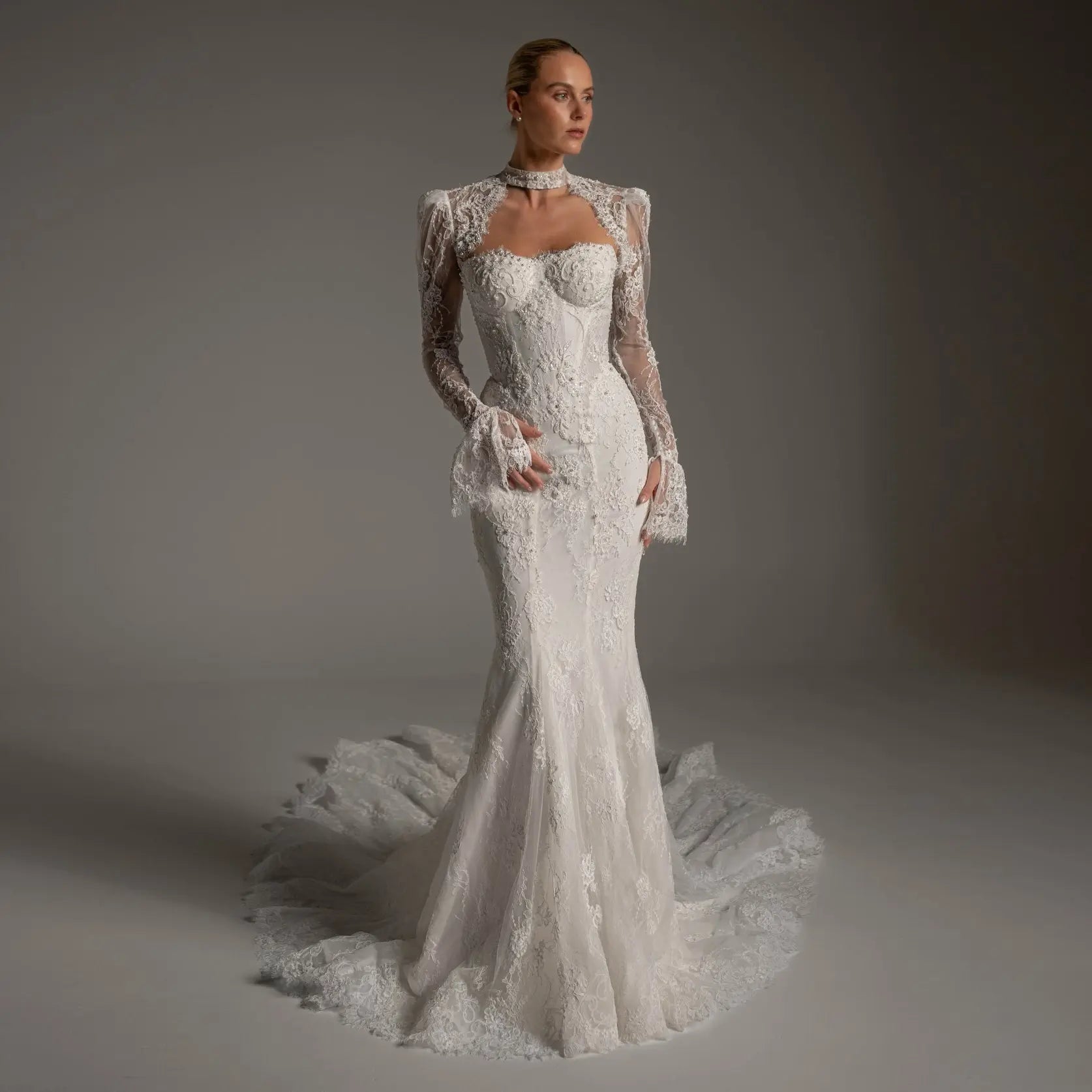 mermaid dress with long train wedding Luxury Ivory Lace Long Sleeve Mermaid Train Wedding Dress SW164