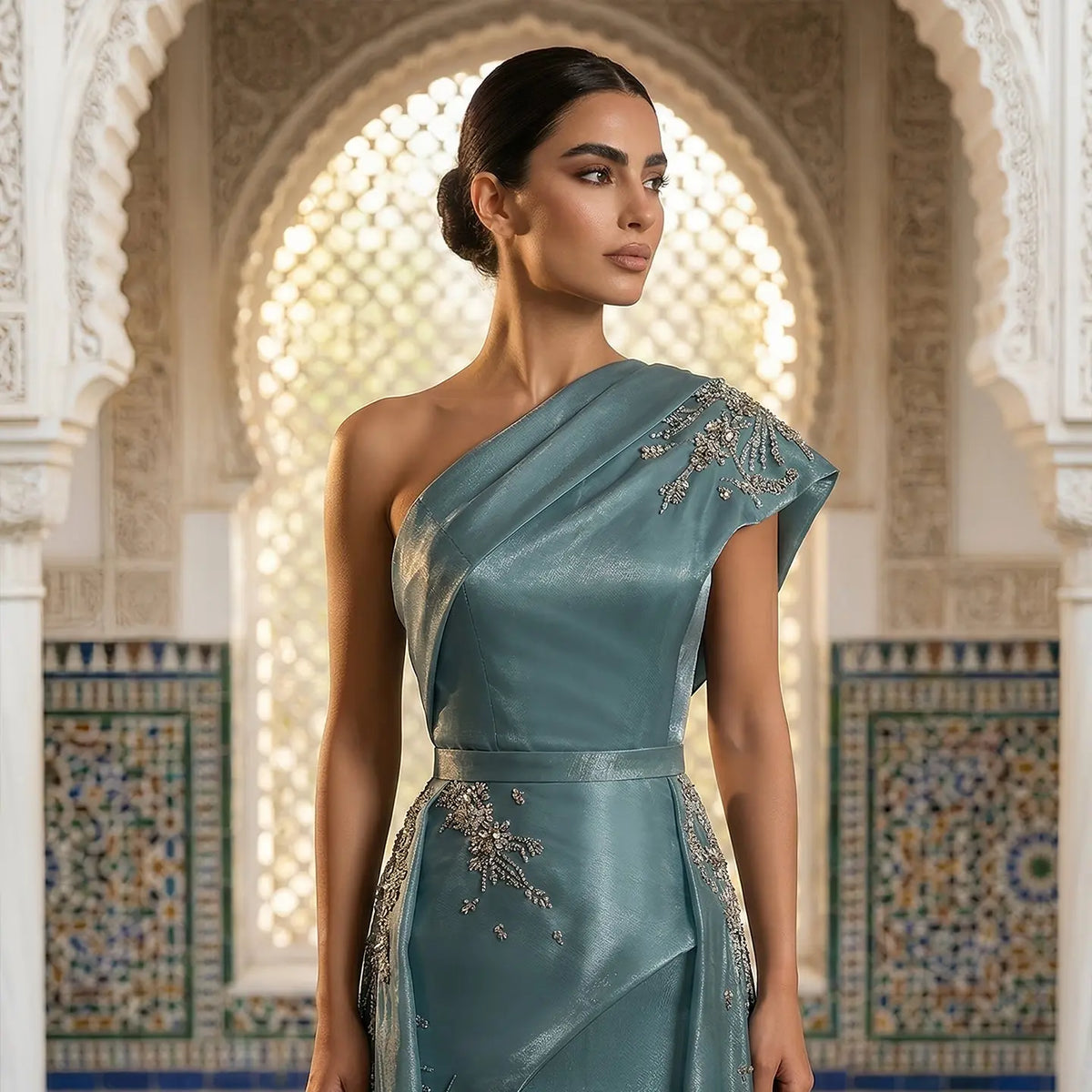 Glamorous Turquoise One-Shoulder Crystal Evening Dress with Overskirt SS600 