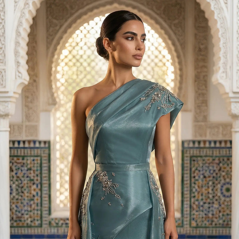 Glamorous Turquoise One-Shoulder Crystal Evening Dress with Overskirt SS600 