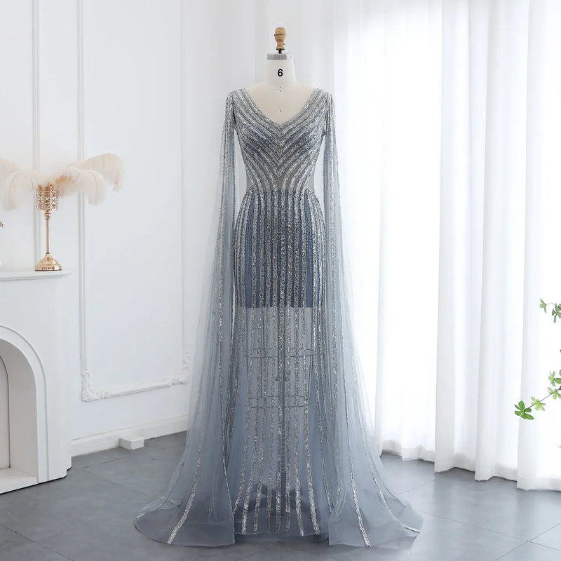 Luxury Beaded Blue Evening Dress with Cape Sleeves SS251 