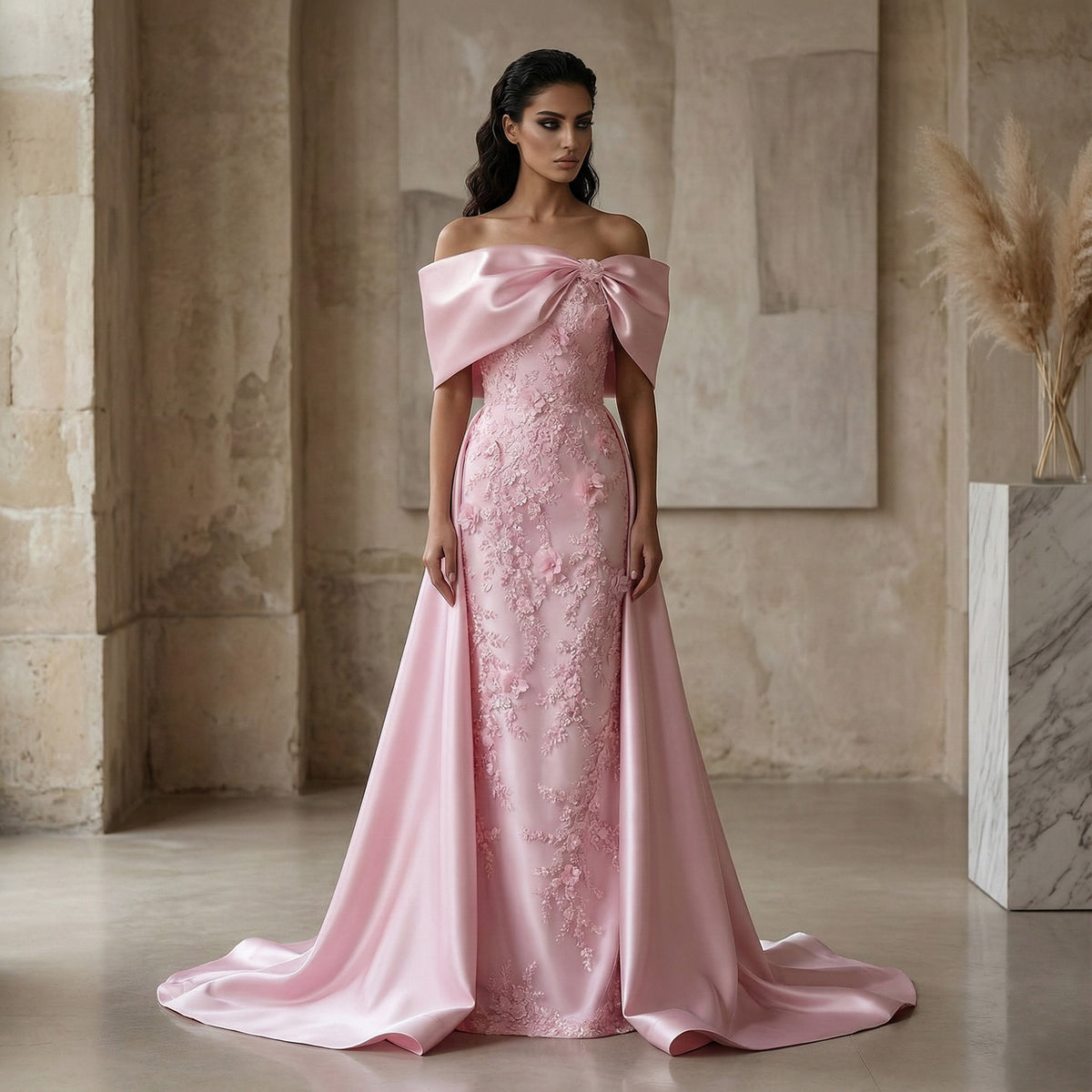 Luxury Pink 3D Floral Sequin Bow Satin Evening Dress XD056