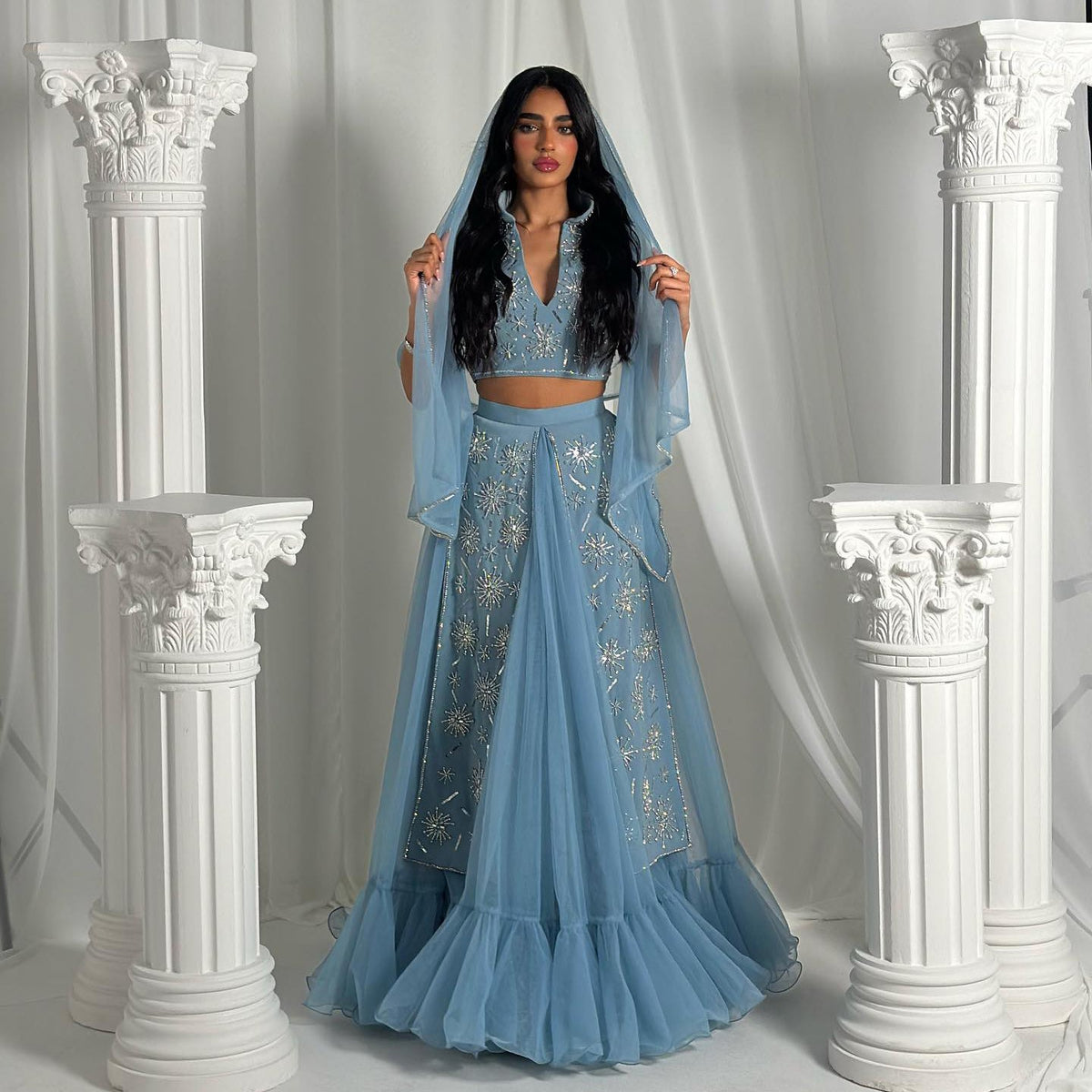 Luxury Blue Beaded 2 pieces Evening Dress with ruffles SS597