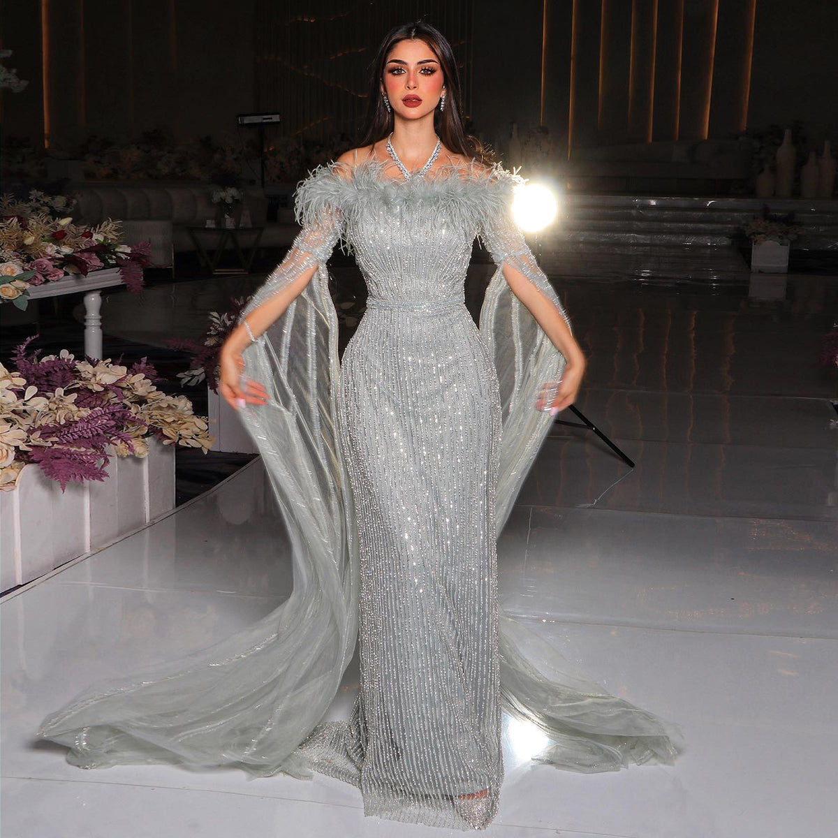 Sharon Said Luxury Dubai Feathers Mermaid Sage Green Evening Dresses with Cape Sleeves Pink Yellow Wedding Party Gowns SS215