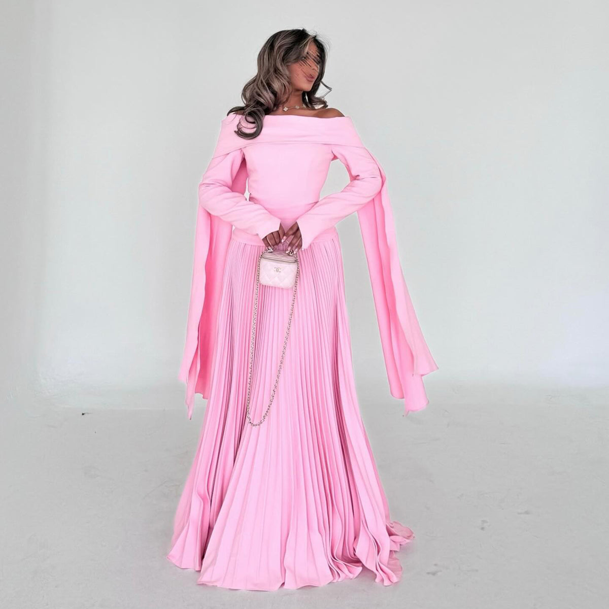 Elegant Pink Pleats Off Shoulder Long Sleeves Evening Dress SF062