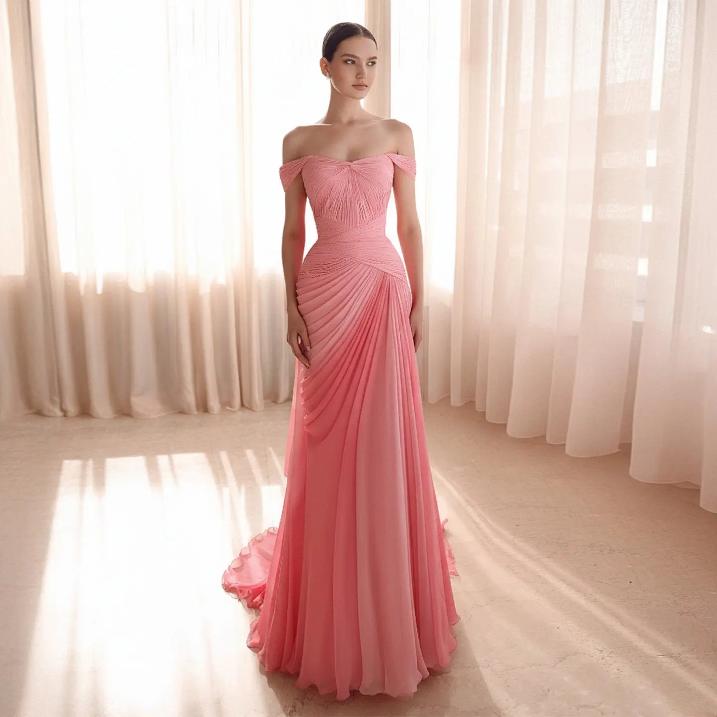 coral off the shoulder bridesmaid dresses Glamorous Coral Off-the-Shoulder Evening Dress with Ombre Pleated Deta –  SHARONSAID