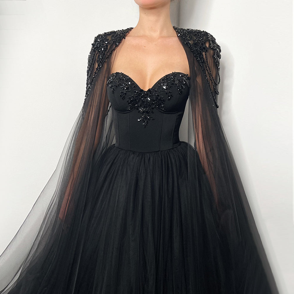 Sharon Said Gothic Black Tulle Arabic Evening Dress with Cape Sleeves Elegant Women Luxury Dubai Formal Party Gowns SS394