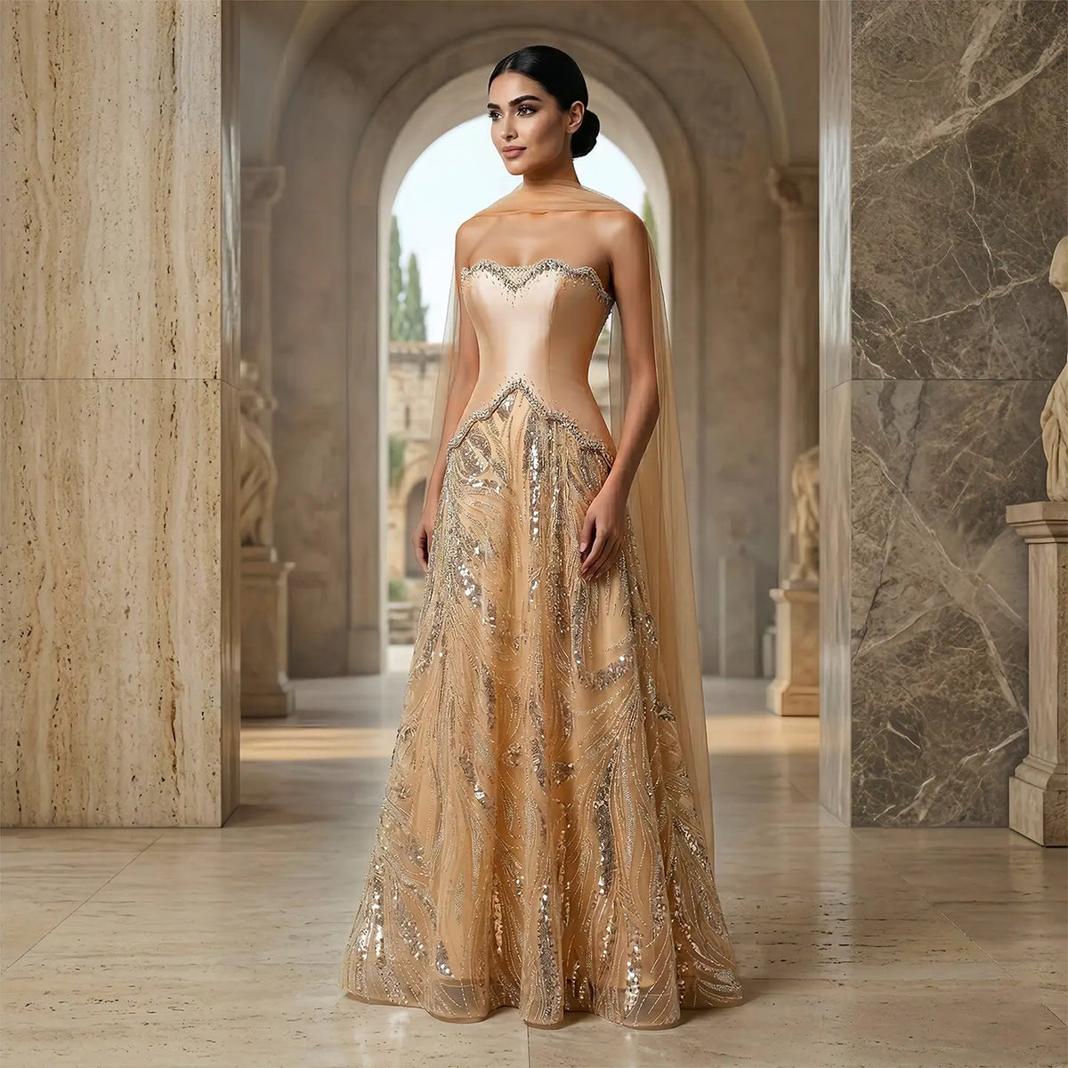 champagne dress with scarf Bandeau Satin Bridesmaid Dress with Chiffon Neck Scarf