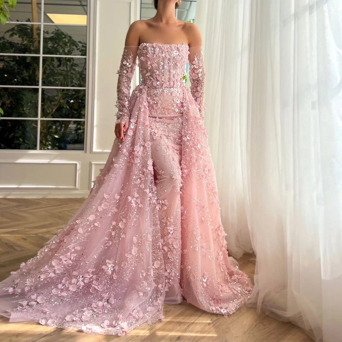 oleg cassini subtle pink 3d floral wedding dress Oleg Cassini, CWG464 Preowned Wedding Dress Save 71%