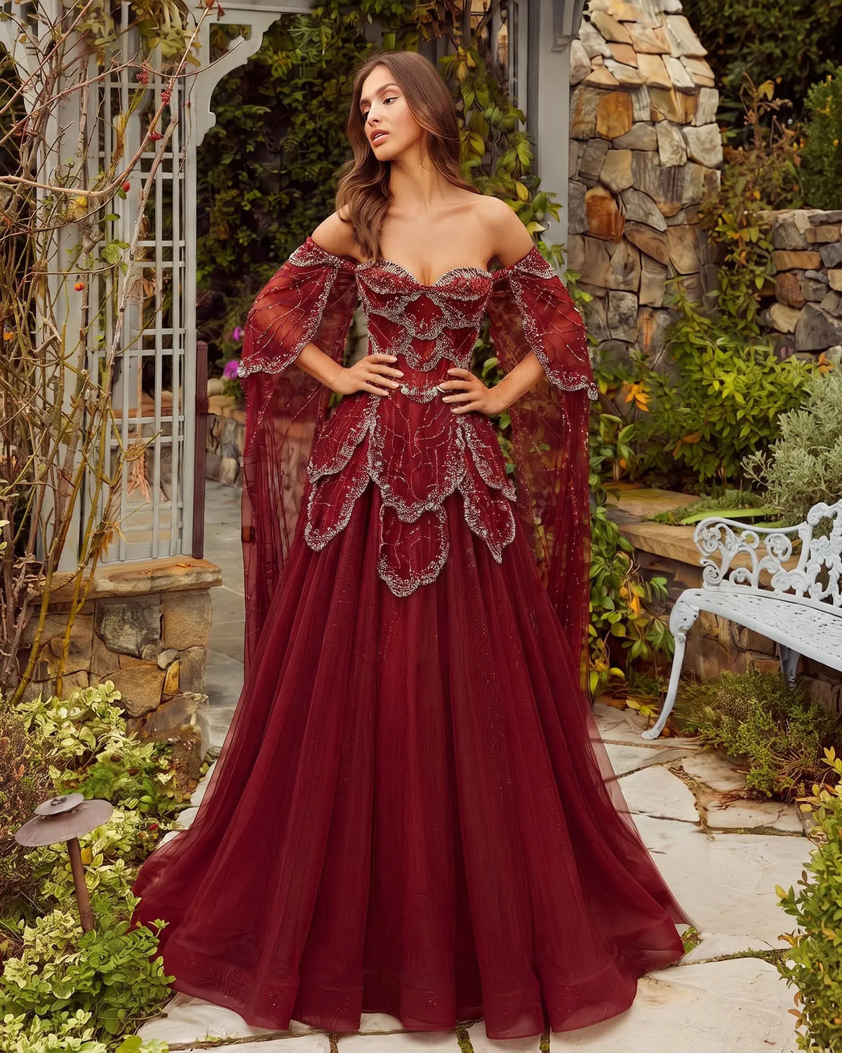 Elegant Off Shoulder Burgundy Prom Dress with Cape Sleeves SS215