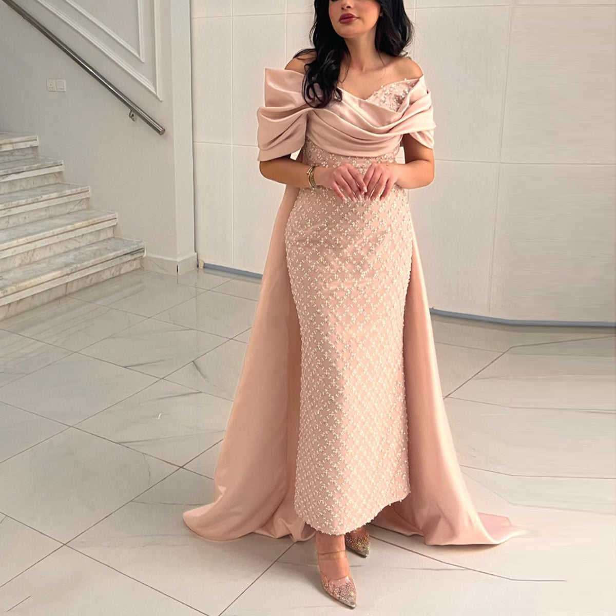 Luxury Off Shoulder Pink Evening Dress with Cape SS139