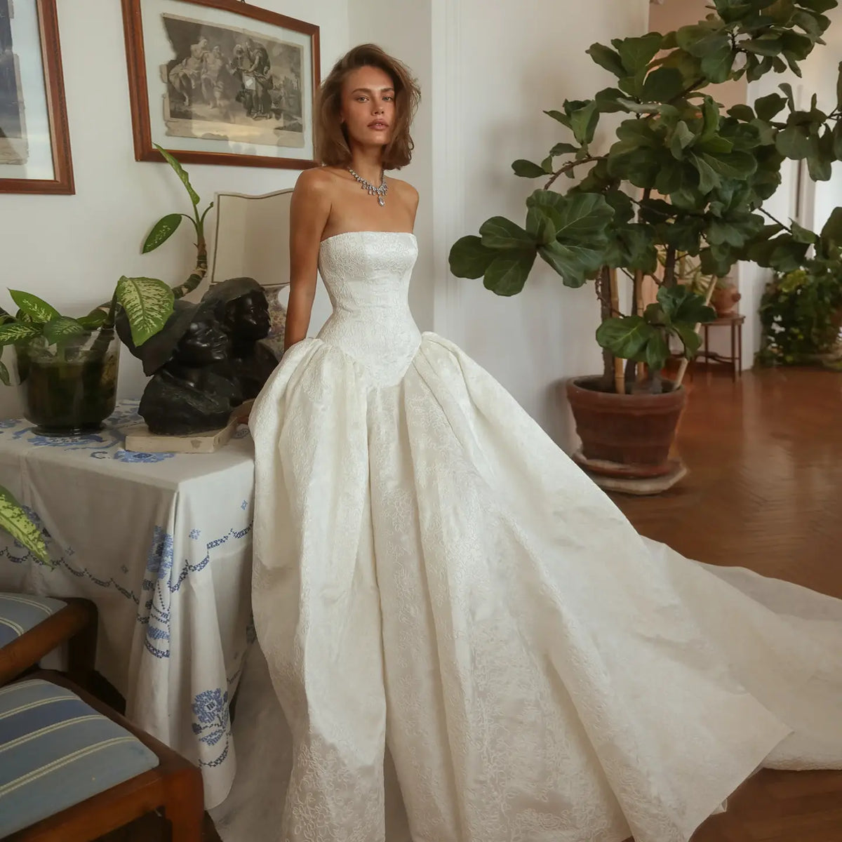 Classic Satin Strapless Ball Gown Wedding Dress with Train SW182 