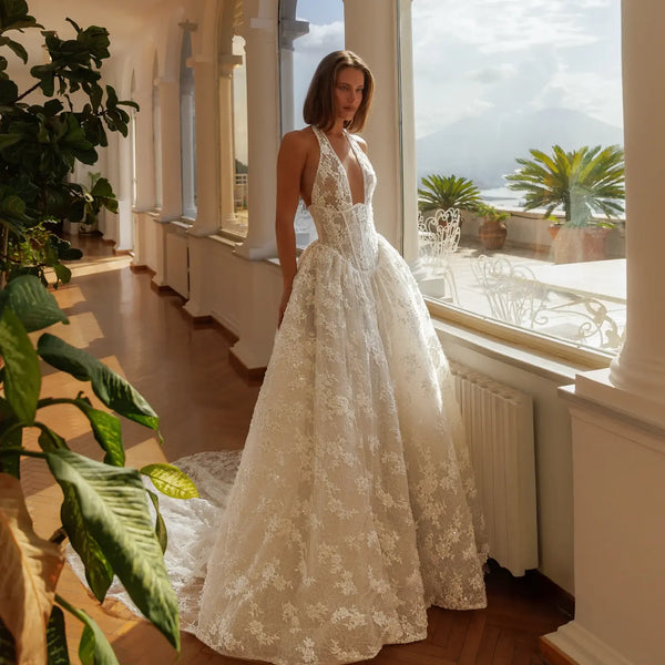 halter ball gown wedding dresses Modern Ivory Lace Deep V-Neck Dress with Train SW185 MD3041-Blue With its floor Deep V-Neck Tight Long Size:13-13.5 US