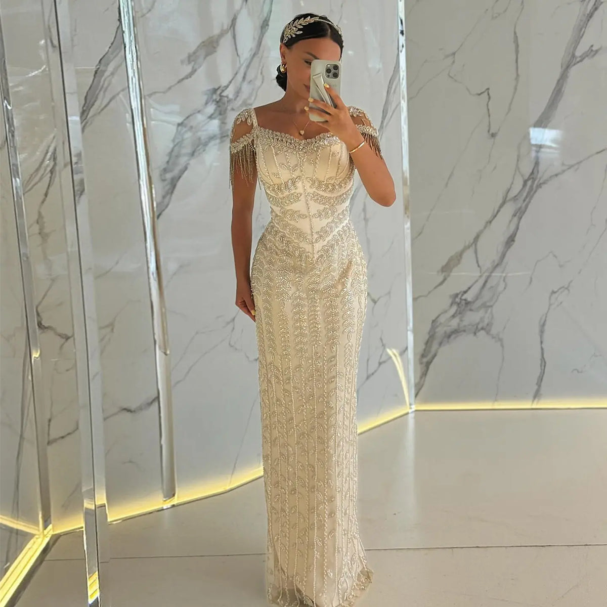 Luxury Tassel Cream Straight Evening Dress SS712 Luxury Tassel Cream Straight Evening Dress SS712
