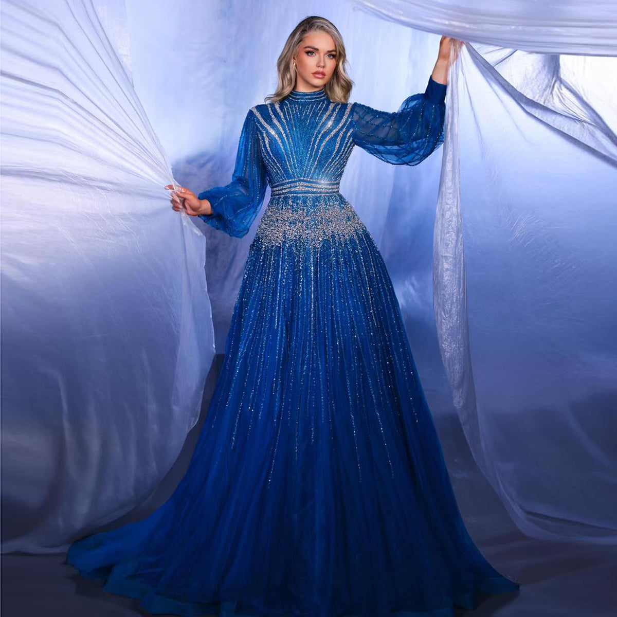 Luxury Blue Sequin Beaded Long Sleeve Evening Dress SS012 