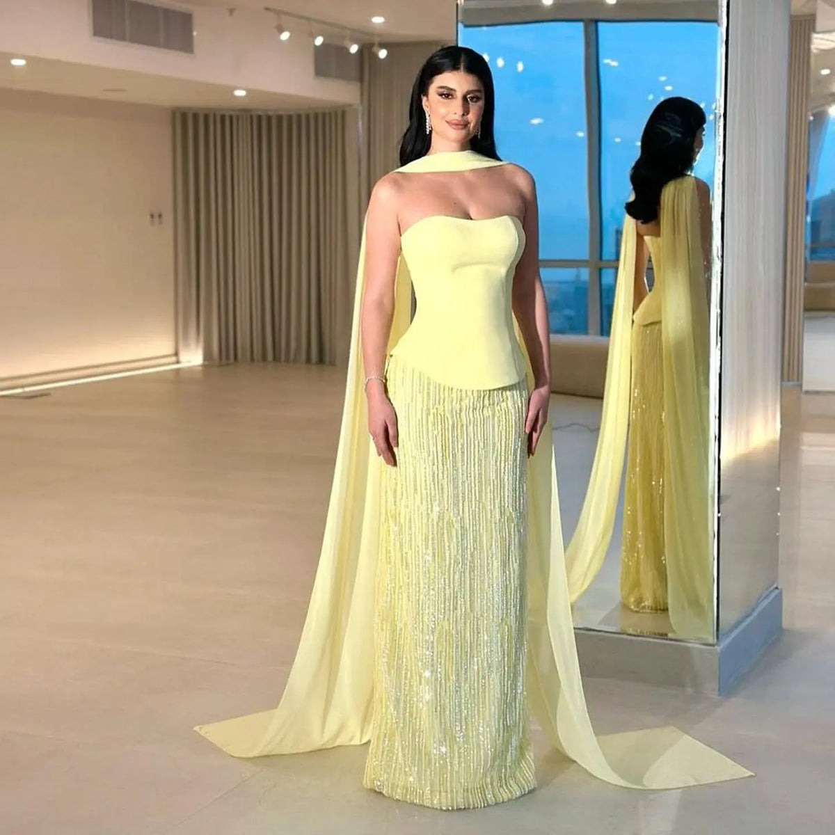 Luxury Yellow Strapless Sequin Evening Dress with Cape SS642 