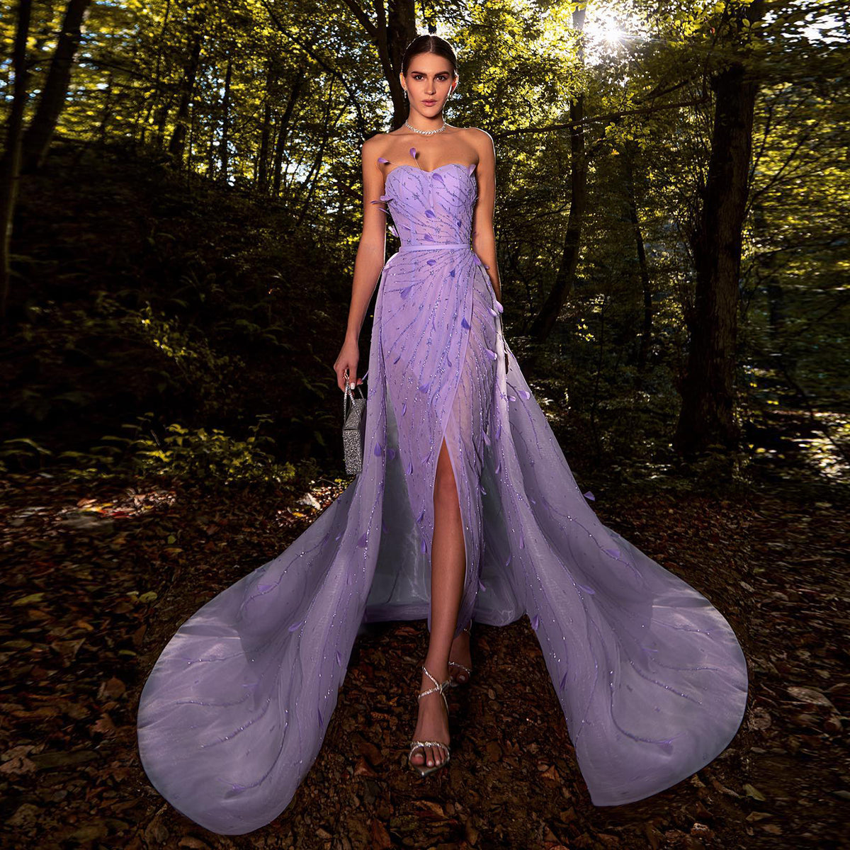 Sharon Said Luxury Feathers Beaded Lilac Evening Dress with Overskirt Sweetheart Slit Arabic Women Wedding Party Gowns SS456