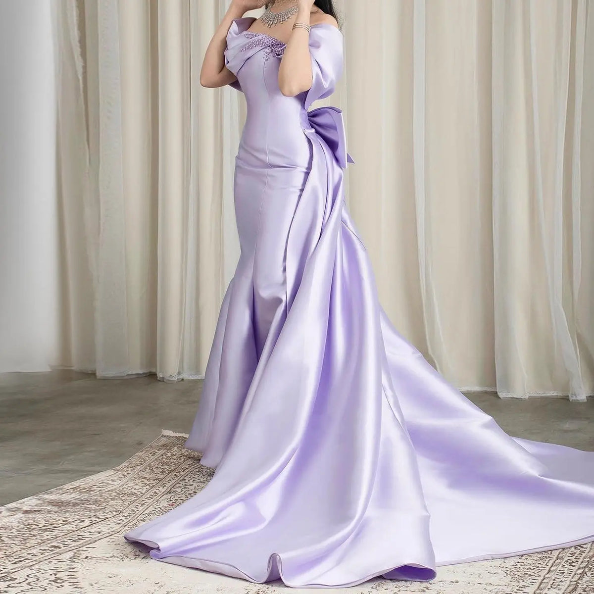 Elegant Off Shoulder Lilac Evening Dress with Overskirt SS400 - SHARONSAID Elegant Off Shoulder Lilac Evening Dress with Overskirt SS400 - SHARONSAID