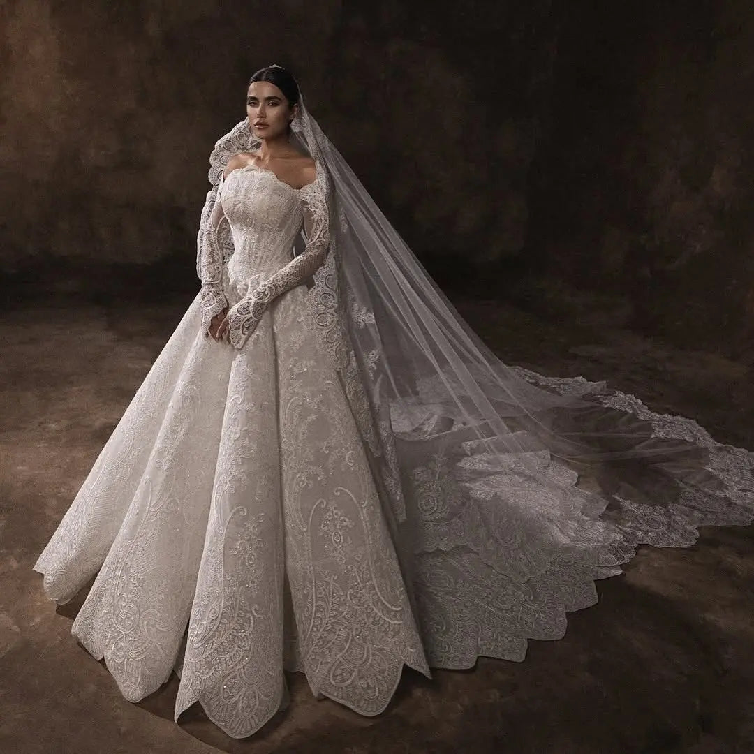 long sleeve white bridal dress Luxury White Lace Long Sleeve Fitted Train Wedding Dress with Veil SW524