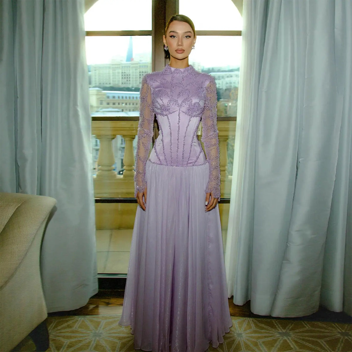Elegant Lilac High Neck Beaded Long Sleeve Corset Evening Dress SS786